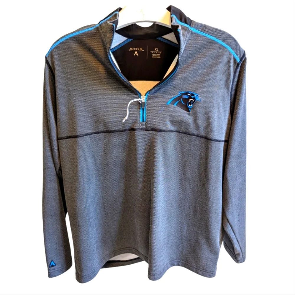 CAROLINA PANTHERS 1/4 Zip Jacket Black Grey by ANTIGUA Mens XL LS Poly Stretch
